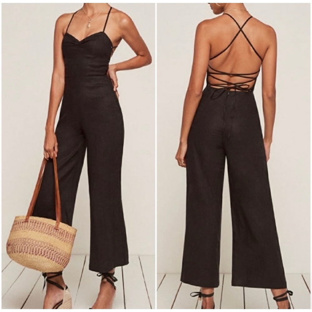 Reformation Oregano Jumpsuit Lace Up Back Linen Black 2